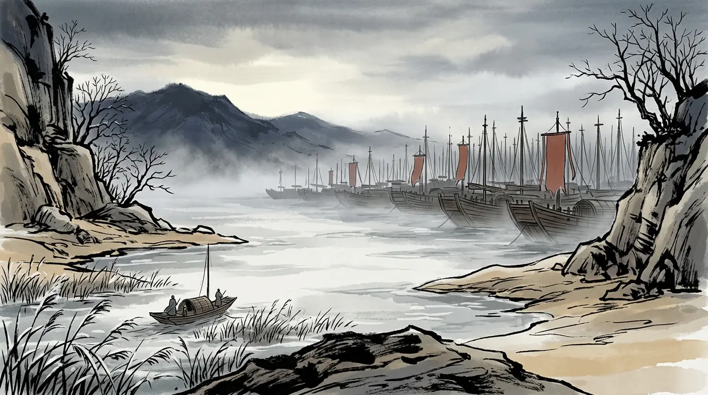 Warships in winter mist on the Yangtze, 208 CE