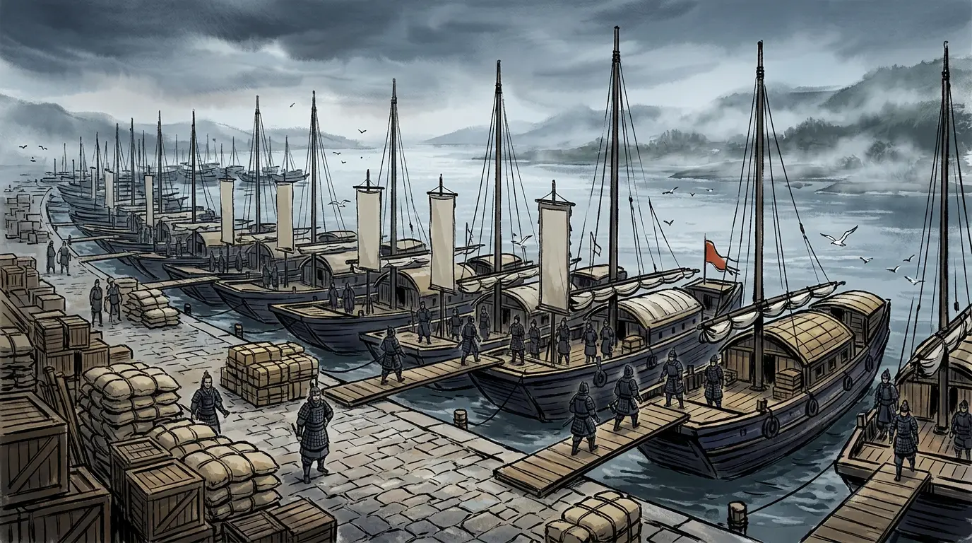 Panel 04: With Jiangling came the thing Cao Cao had always lacked: a fleet, and the south's grain.