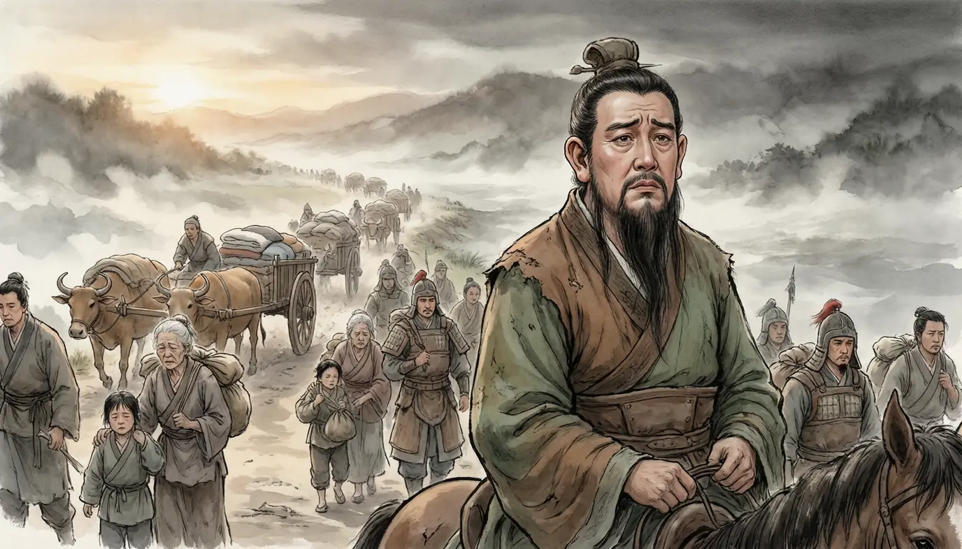 Panel 05: Liu Bei fled south — and over a hundred thousand people fled with him. He would not leave them behind.