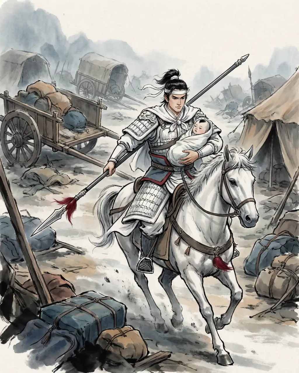Panel 07: Liu Bei rode ahead and left his family. Zhao Yun came through the wreckage holding the infant son and protecting Lady Gan.