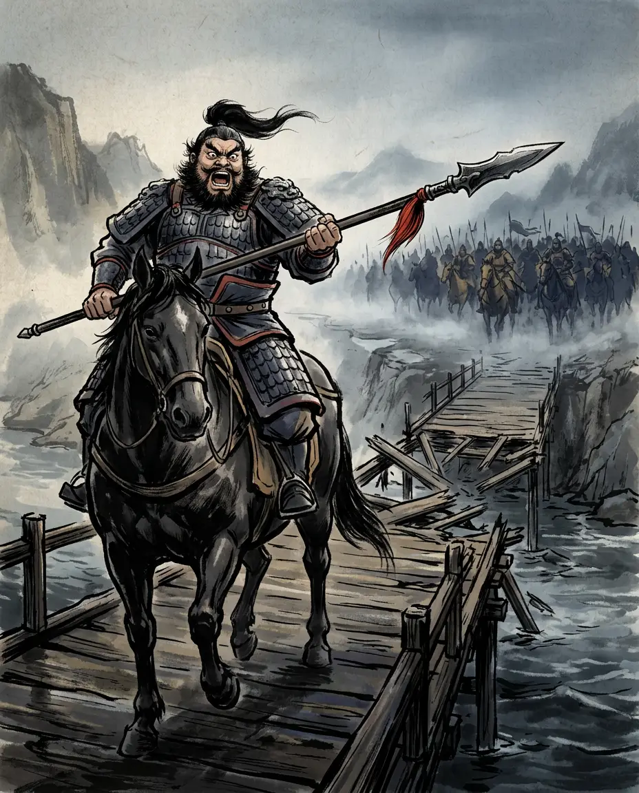 Panel 08: Twenty horsemen held a river crossing while the army escaped. Zhang Fei tore up the bridge behind him, and waited.