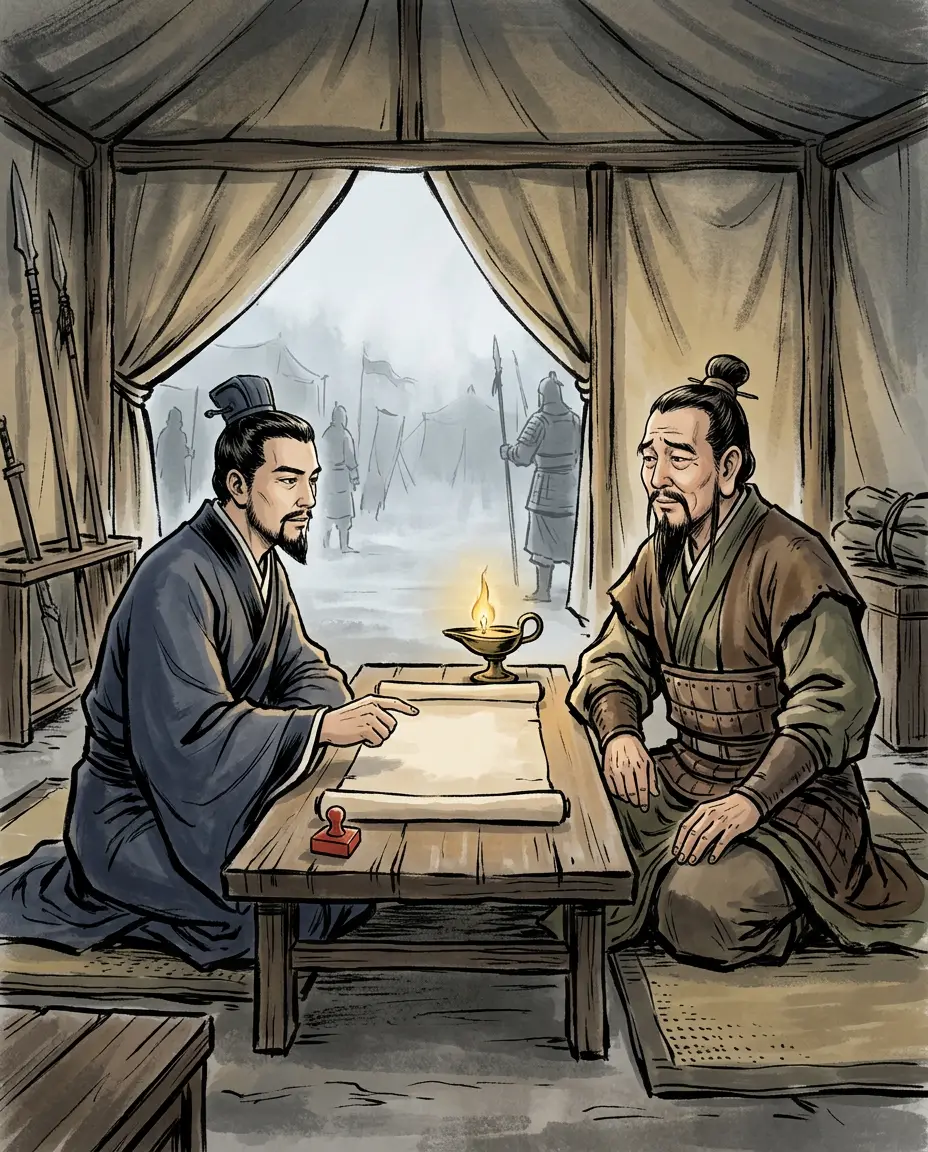 Panel 09: Sun Quan's envoy Lu Su found Liu Bei in the wreckage — and proposed the alliance that made the battle possible.