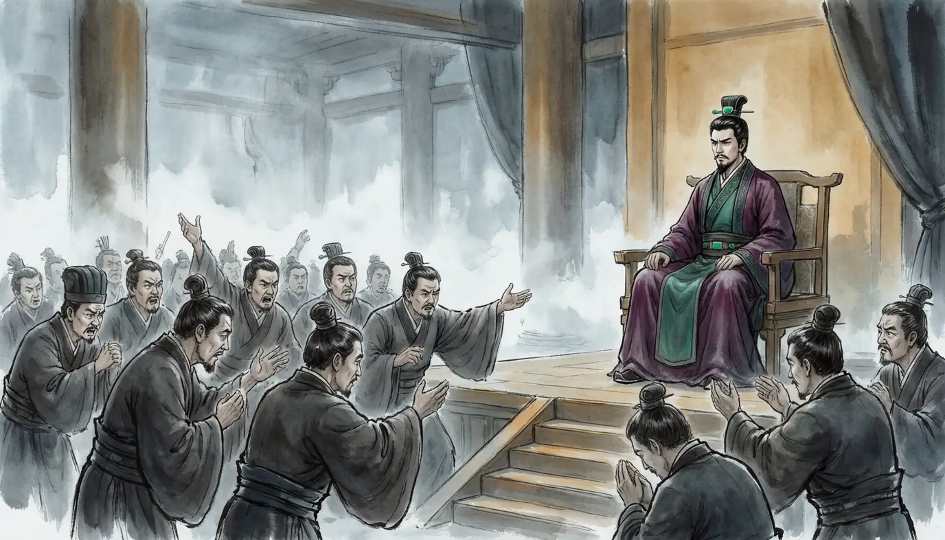 Panel 11: Most of Sun Quan's advisers wanted peace. Cao Cao's letter had claimed eight hundred thousand men.