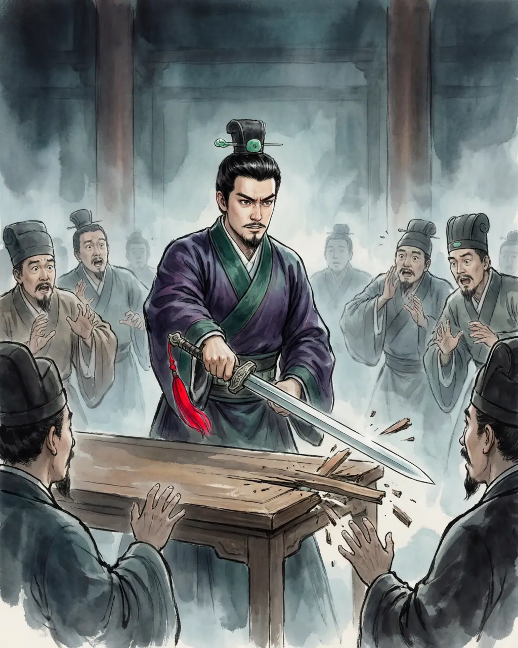 Panel 13: Sun Quan cut the corner from his own desk, and gave Zhou Yu thirty thousand men.