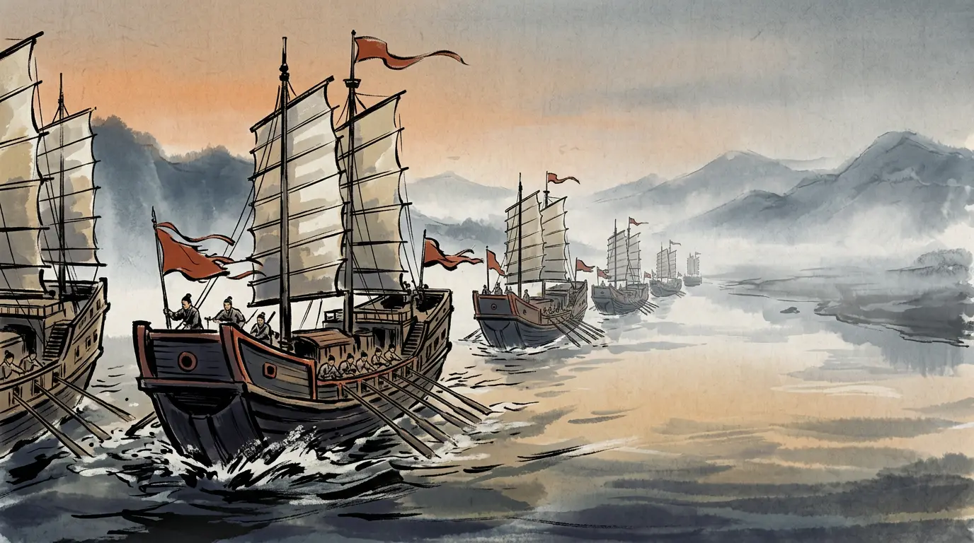 Panel 14: The allied fleet went upriver to meet him. Neither side yet knew the other's strength for certain.