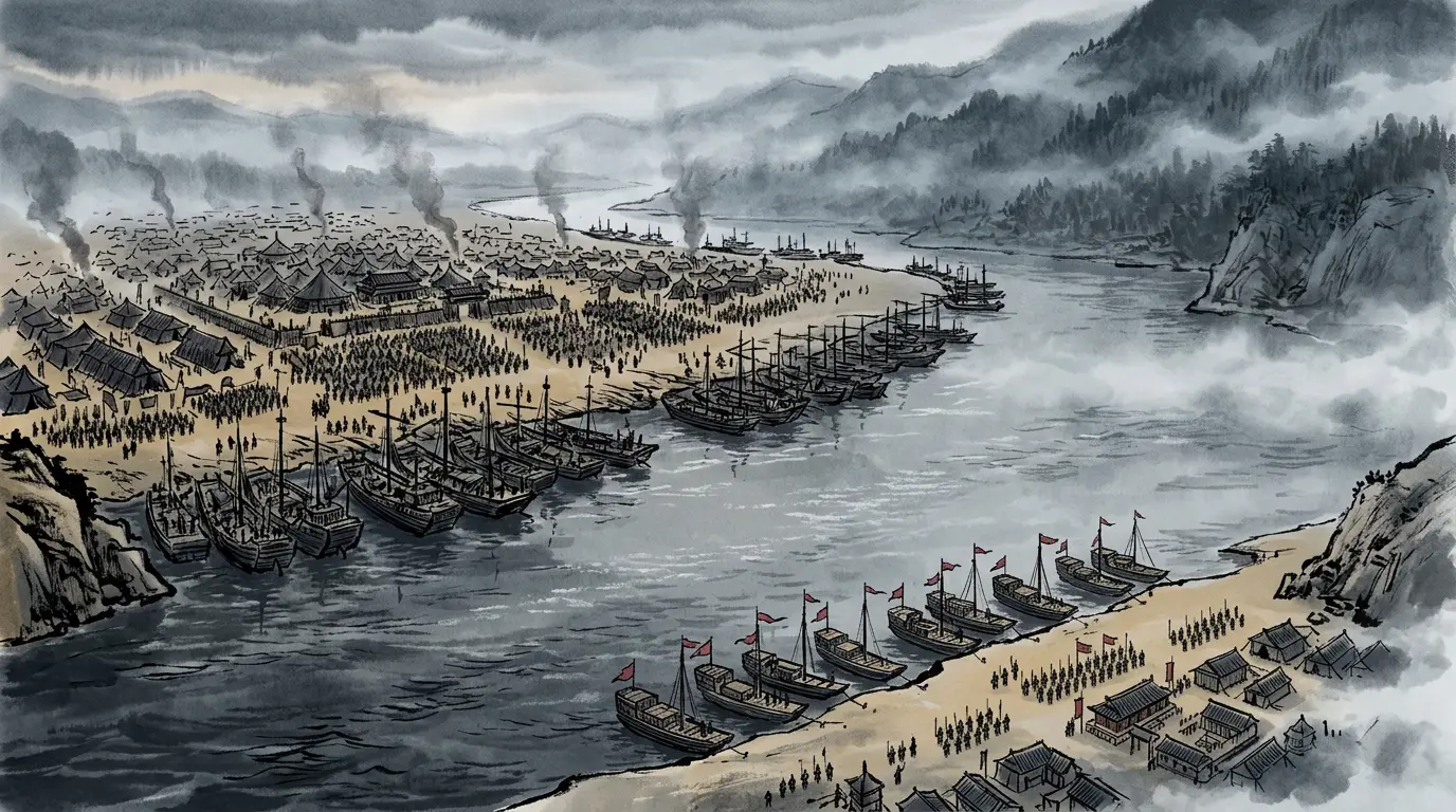 Panel 15: They met at Red Cliff. The first engagement went against Cao Cao, and he pulled back to the north bank, at Wulin.