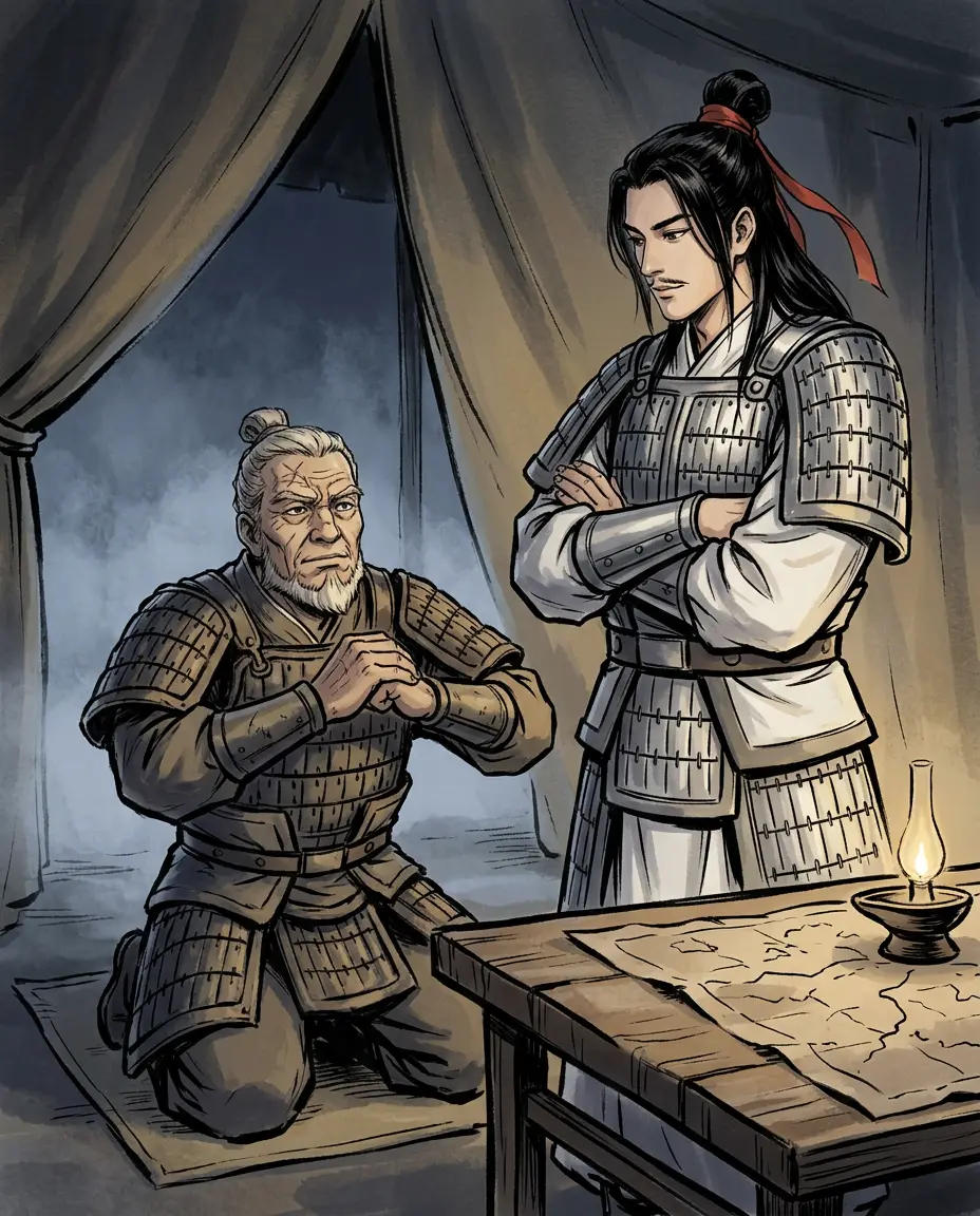Panel 16: That night, an old general knelt and offered Zhou Yu the only plan that could work.