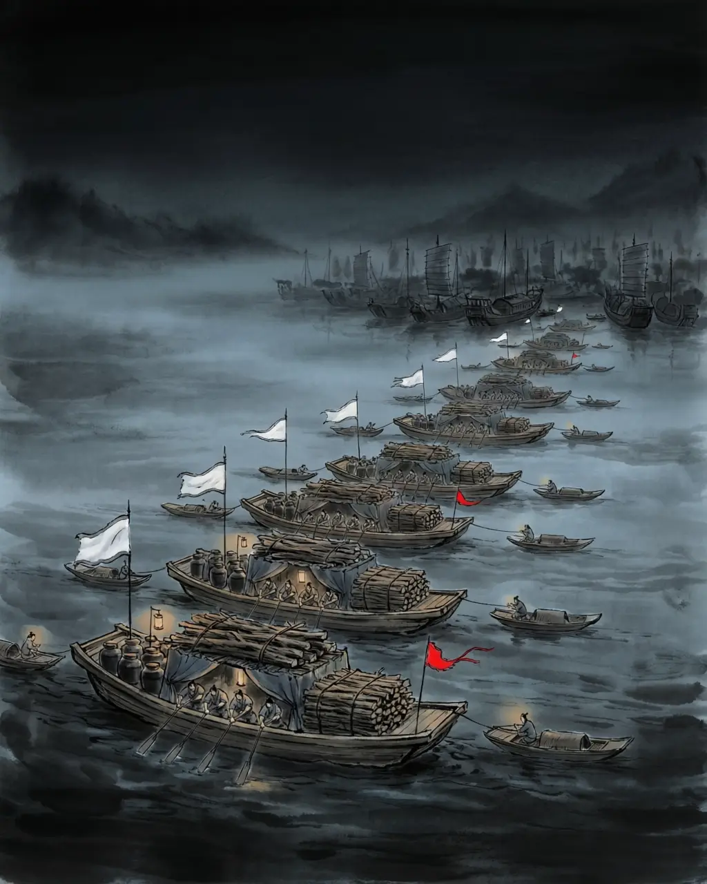 Panel 17: Ten fast ships, loaded with dry wood and oil, screened with curtains, banners flying as if they came in peace. Behind each, a small boat on a rope.