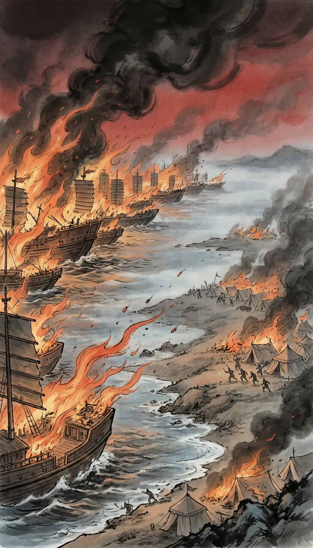 Panel 18: Mid-river, the ships were set alight. The wind was strong. Fire ran from hull to hull — and up the bank, into the camps.