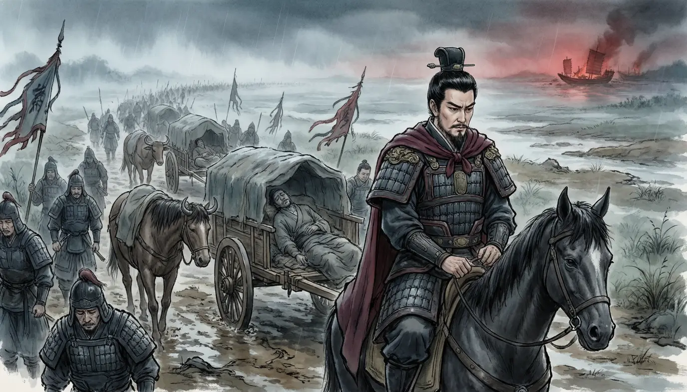 Panel 19: Then the plague finished what the fire began. Cao Cao's own annals say it in one flat line.