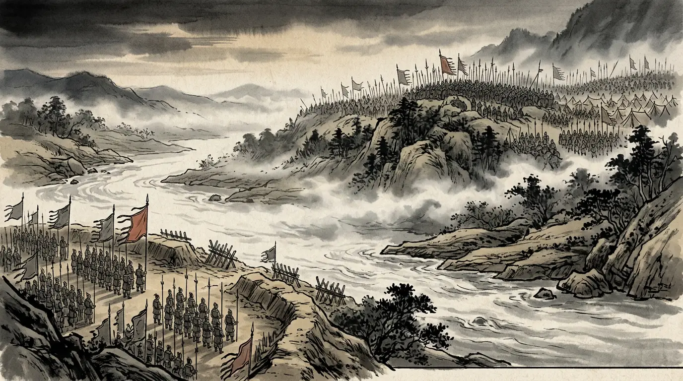 Banners and camps of two armies facing each other across the plain at Guandu, 200 CE