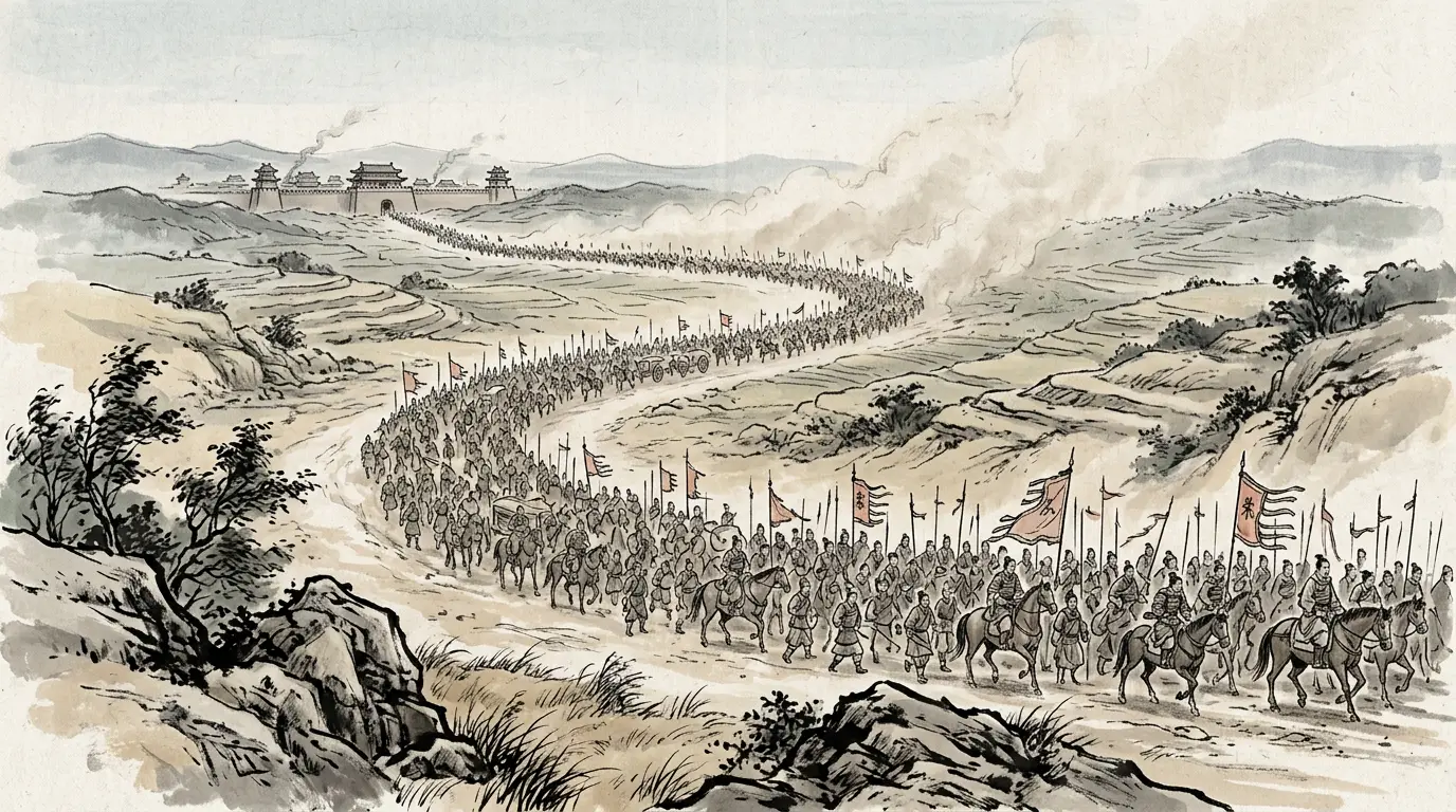 Panel 02: Yuan Shao moved south from Ye with the strength of four provinces. Two years earlier he had crushed Gongsun Zan; now he meant to finish the south in one campaign.