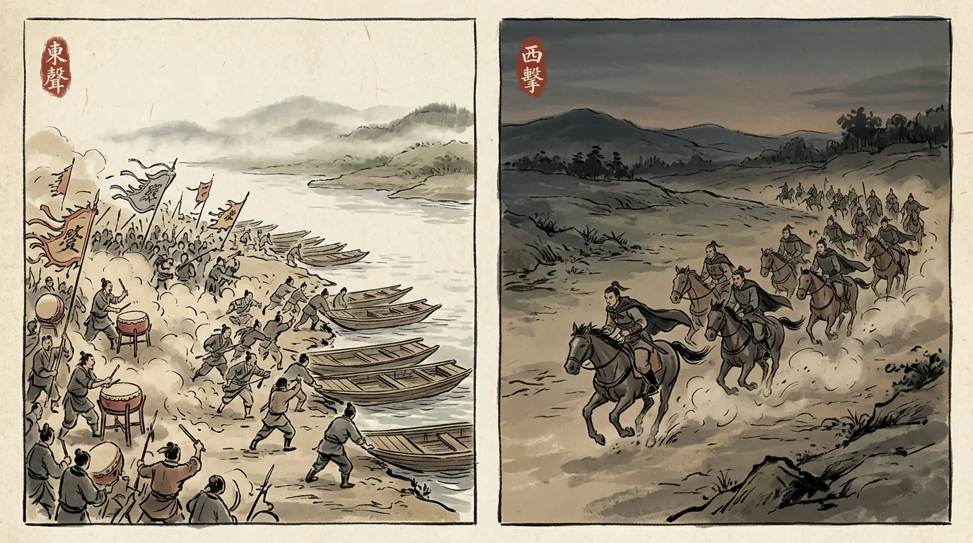 Panel 04: Show a crossing at Yanjin, as if to cut his road home — and Yuan Shao turned his army west to meet a crossing that was never meant.