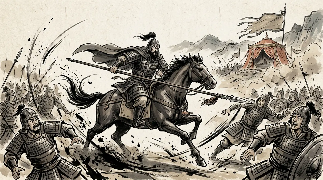 Panel 05: Guan Yu, then in Cao Cao's camp, saw Yan Liang's canopy in the distance. He went in, took the head, and came back through the ranks.