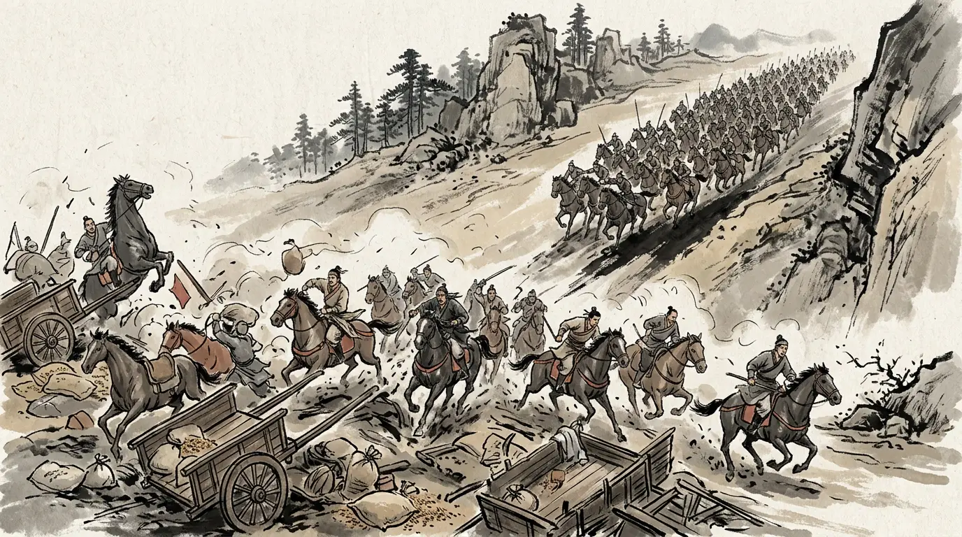 Panel 06: At Yanjin, Cao Cao left baggage on the road as bait. Wen Chou's cavalry broke formation to loot it — and six hundred horsemen fell on them. Wen Chou died in the melee.