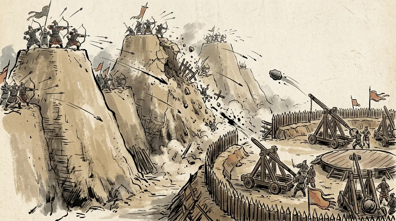 Panel 07: At Guandu itself Yuan Shao raised earth mounds and shot arrows down into the camp; Cao Cao answered with catapults the soldiers called thunder-carts, and the mounds came down.