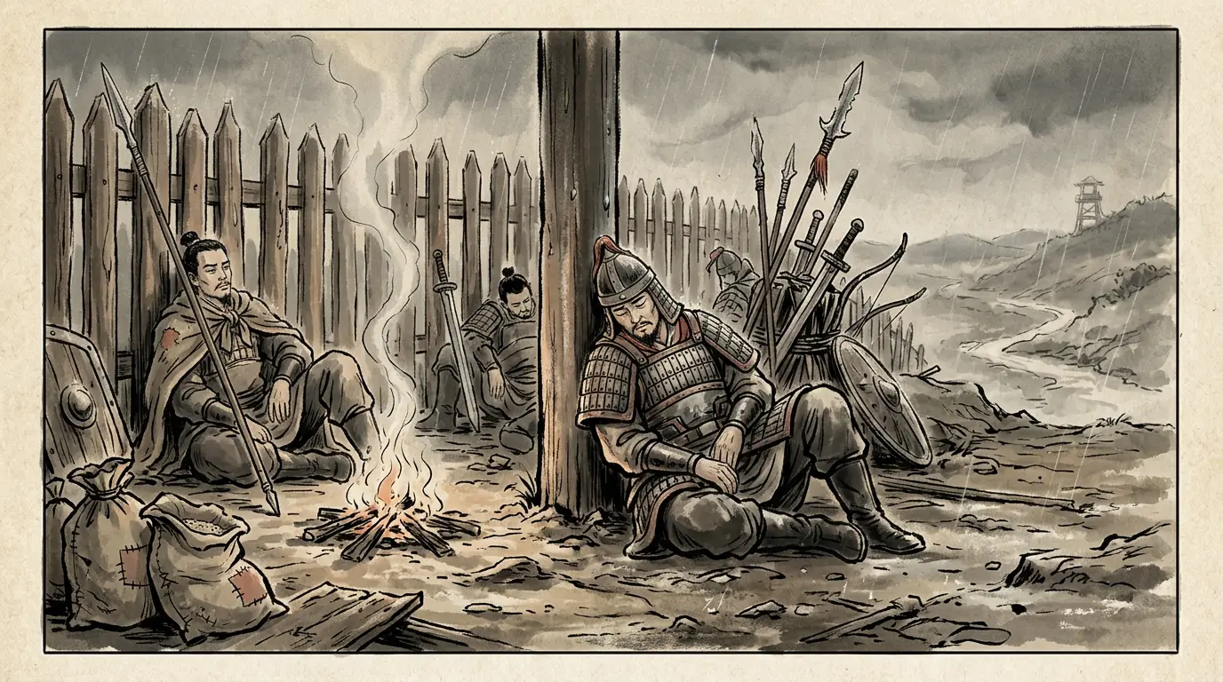 Panel 08: Months of it. Cao Cao's men were exhausted and their grain thin; he wrote to Xun Yu at Xu that he meant to withdraw. In the same months Liu Bei, Yuan Shao's guest, went south to Runan to open a second front in Cao Cao's rear.