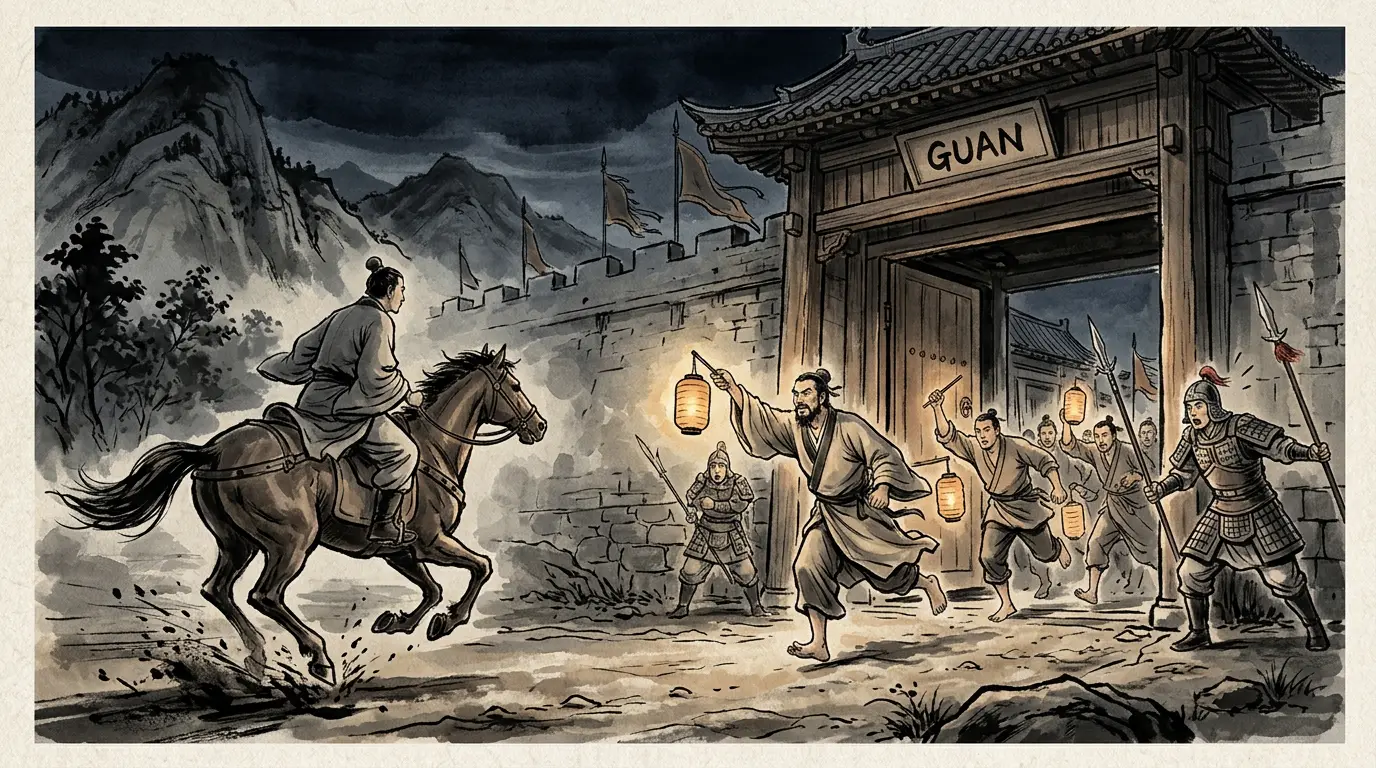 Panel 10: At night a rider came over from Yuan Shao's camp: Xu You, whose advice had been refused and whose family had been arrested at Ye. Cao Cao ran out barefoot to greet him.