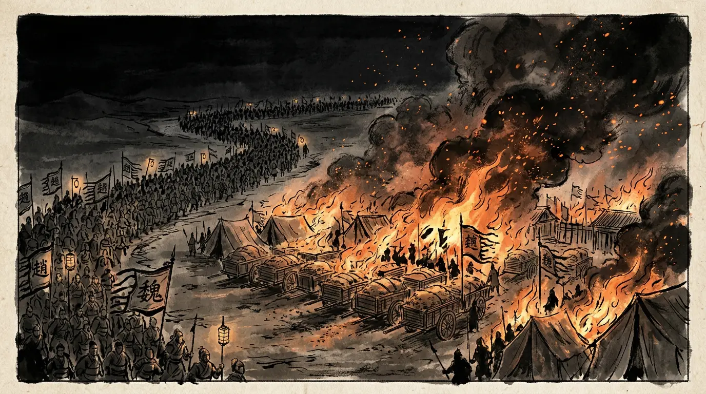 Panel 11: Five thousand step and horse, moving at night under Yuan Shao's own banners, with fire carried in the baggage. At Wuchao they burned the grain.