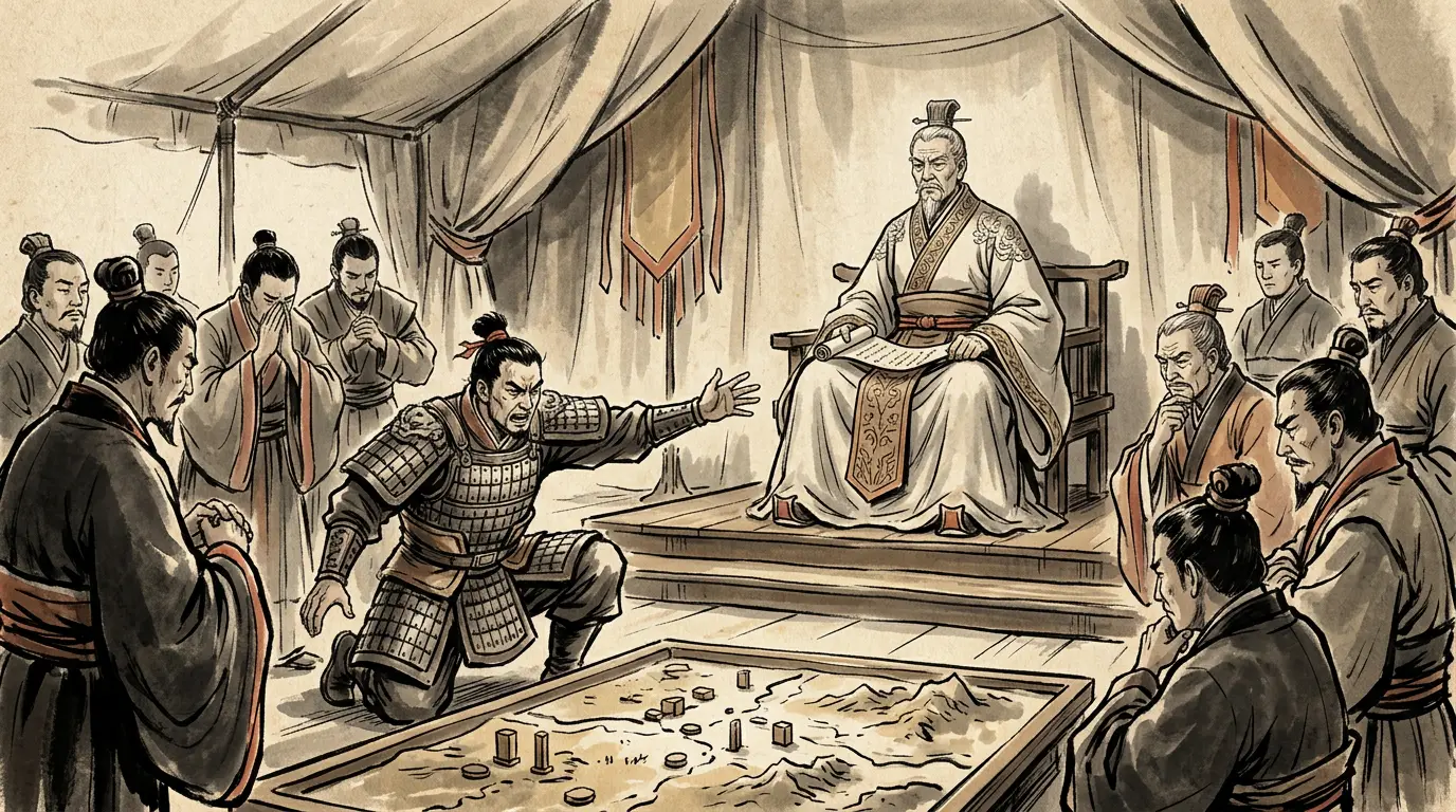 Panel 12: Told that Wuchao was burning, Yuan Shao chose to attack Cao Cao's near-empty camp instead of relieving his grain. Zhang He said the camp would not fall in time and the grain would. He was overruled.