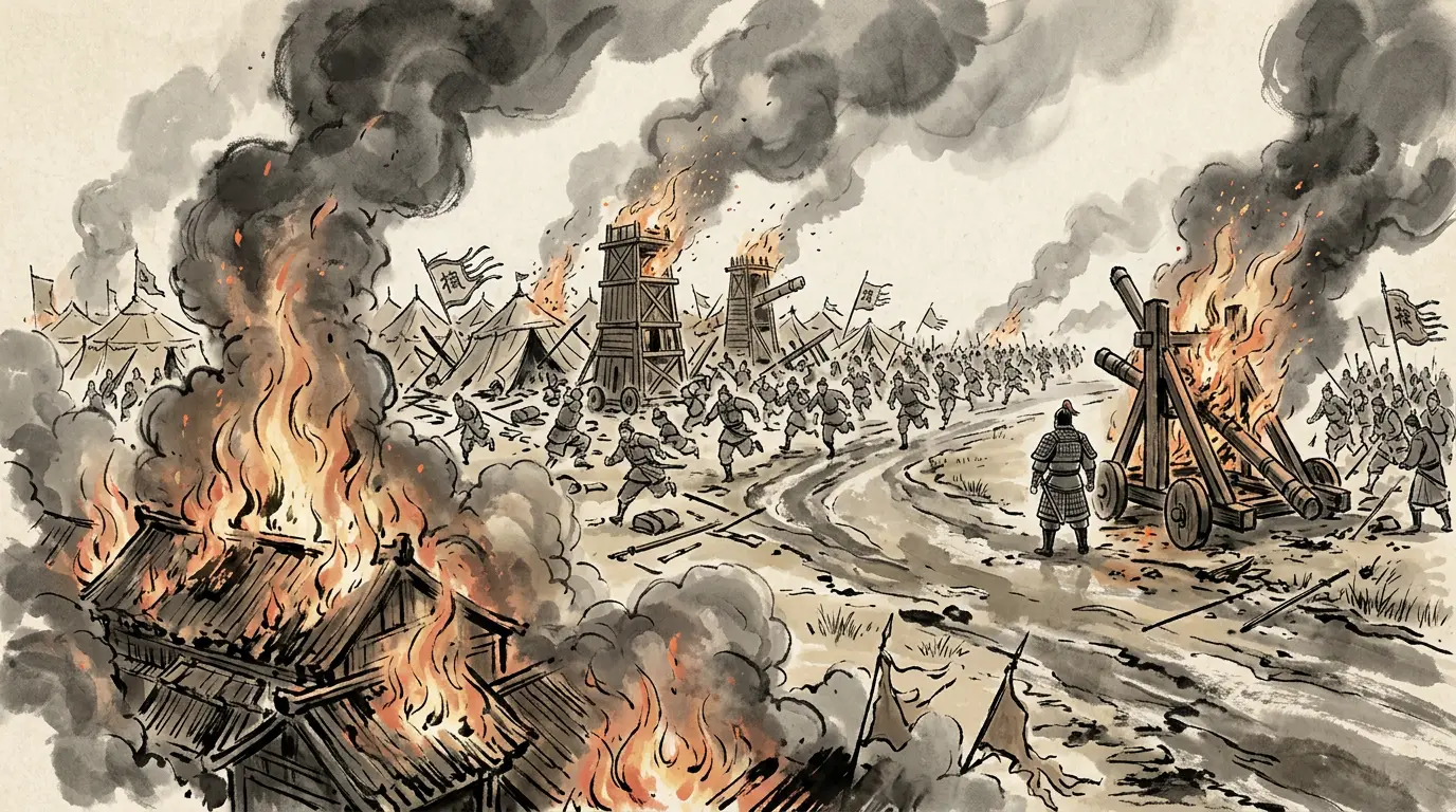 Panel 13: Wuchao burned to the ground. Zhang He, blamed for a defeat he had predicted, burned his siege engines and walked into Cao Cao's camp. Yuan Shao's army came apart.