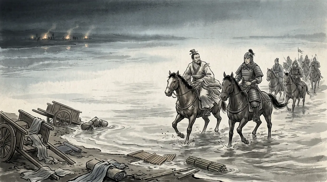 Panel 14: Yuan Shao and his son Yuan Tan crossed the river with a handful of horsemen — the Tongjian puts it at eight hundred — leaving maps, letters and treasure behind.