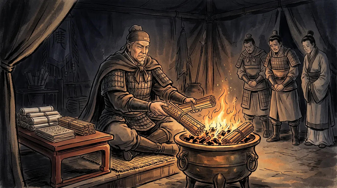 Panel 15: In Yuan Shao's abandoned files were letters from Cao Cao's own officers in Xu, hedging their bets. Cao Cao burned them without reading.