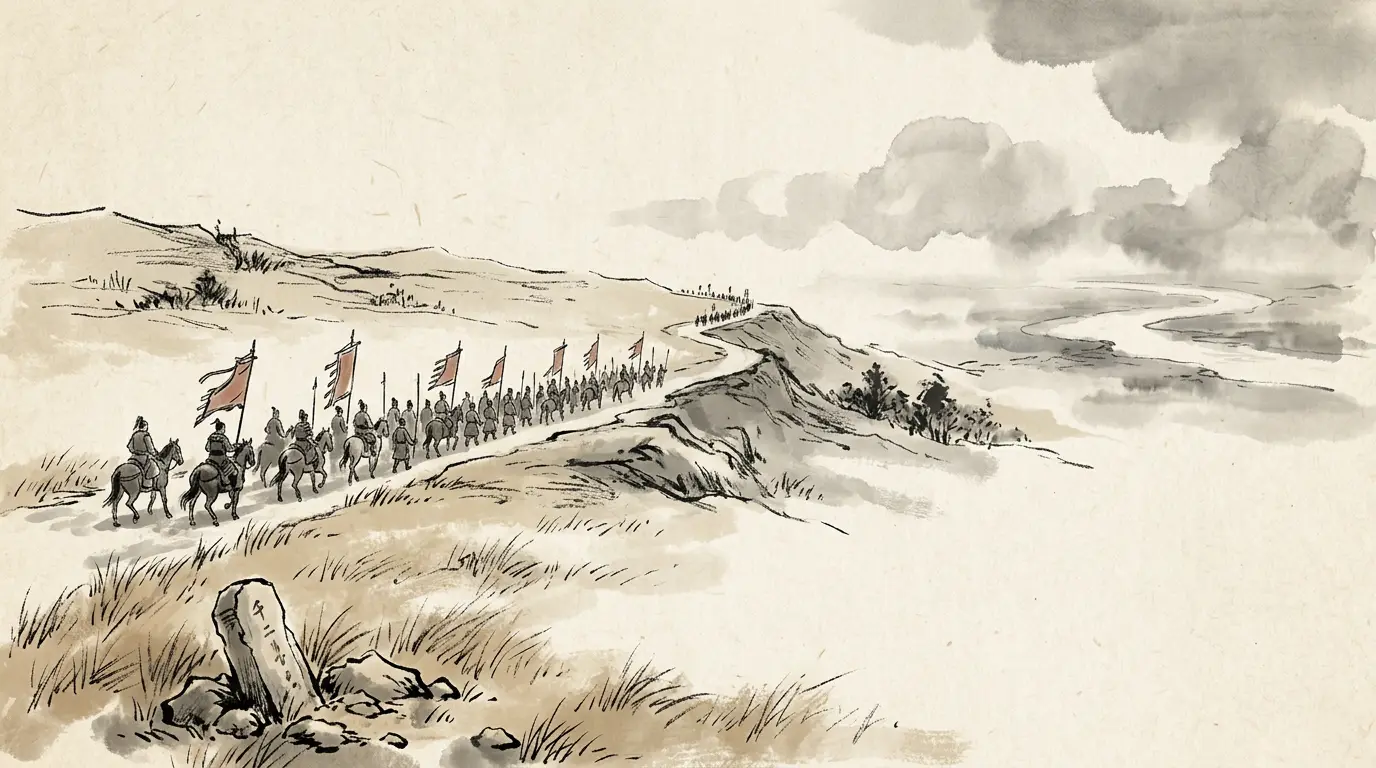 Panel 16: In 202 Yuan Shao died of sickness and shame; by 207 the north was Cao Cao's. The road he had opened led south, to a river called Red Cliff.