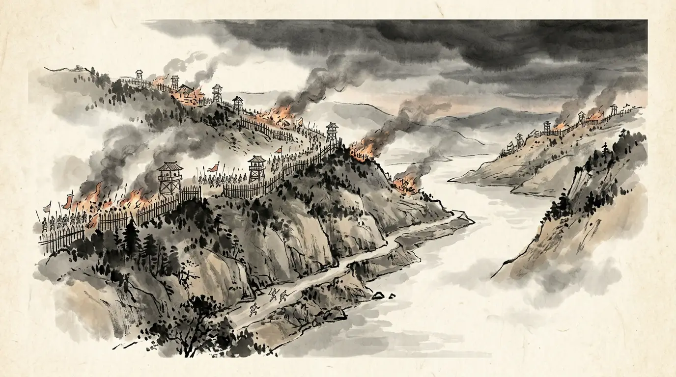 Stockades burning along the wooded hills above the Yangtze gorges at Yiling, 222 CE