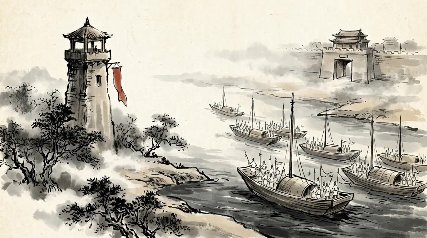 Panel 02: It began in 219, while Guan Yu was north at Fan: white-robed sailors in merchant hulls, a river taken without a battle, and Maicheng's last ride.