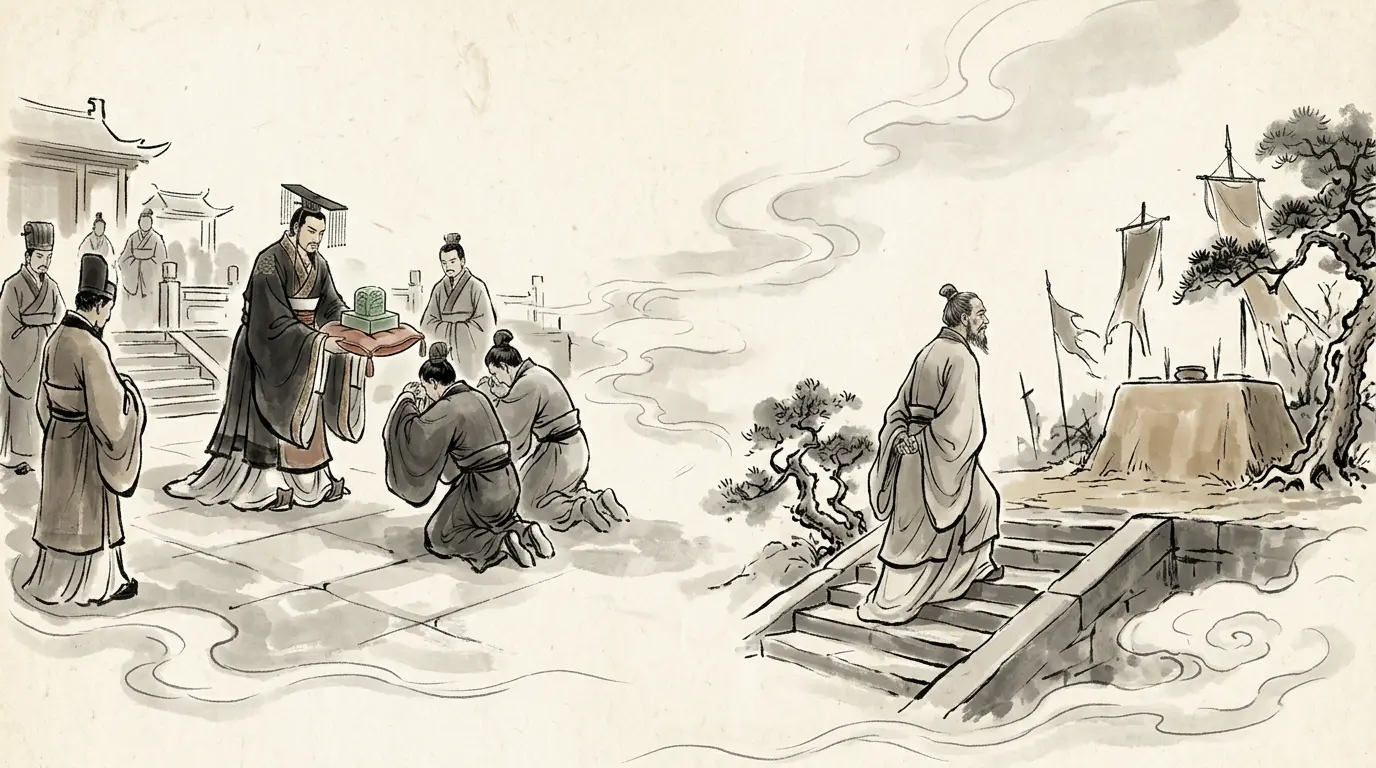 Panel 03: In 220 Cao Pi took the throne from Han. In 221 Liu Bei answered it at Chengdu, proclaiming Han not ended but continued — and a border war became a war between emperors.