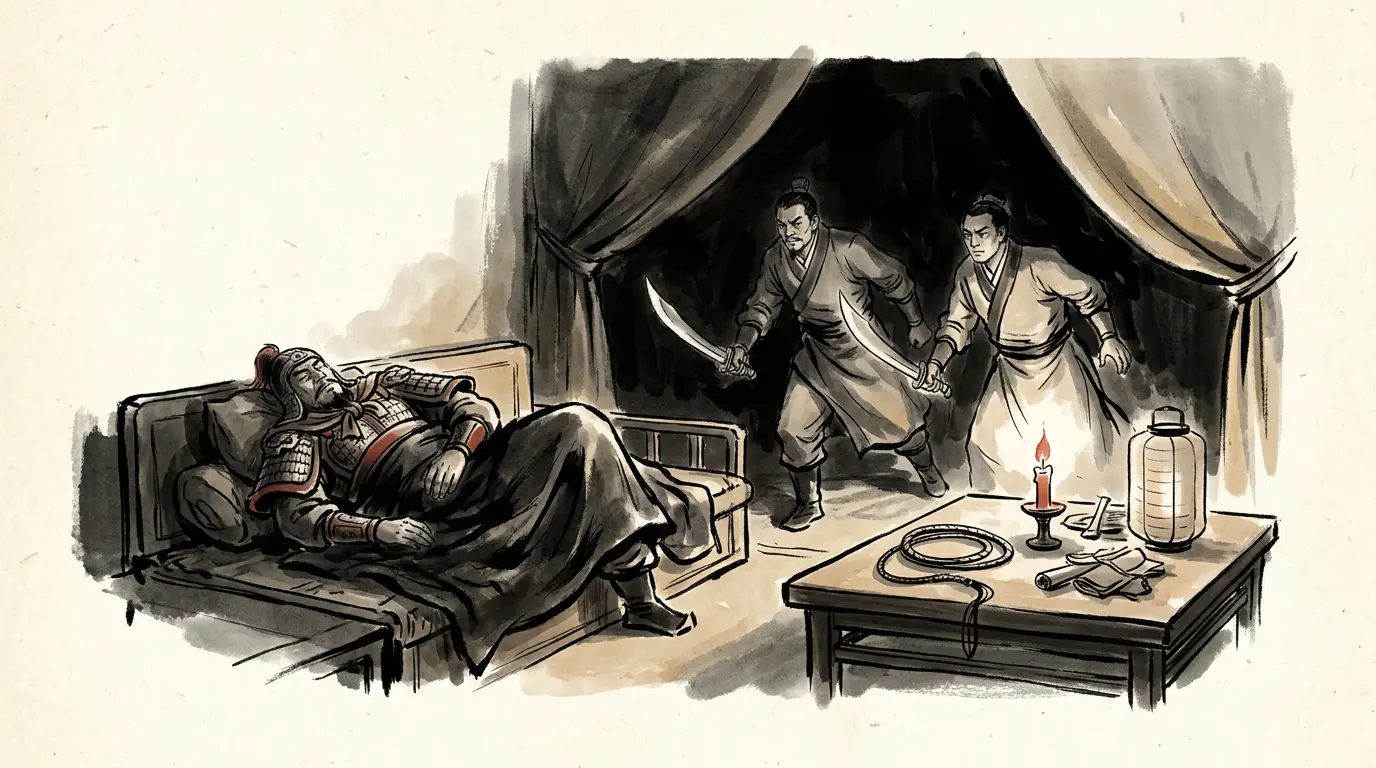 Panel 04: On the eve of the march, Zhang Fei was murdered in his camp by two officers he had whipped and kept at his side. They took his head to Wu.