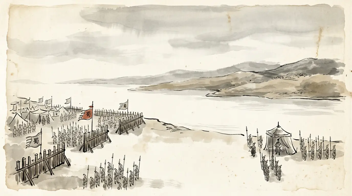 Panel 06: Huang Quan asked to lead the vanguard and keep the emperor behind. Refused, he took the northern bank of the river instead, to watch Wei while the army faced Wu.