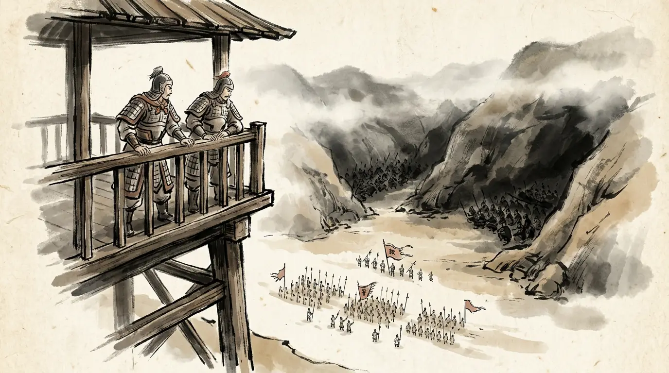 Panel 08: Wu Ban walked into the open at the valley mouth with a few thousand, daring an attack. Every Wu general wanted it. Lu Xun said no.