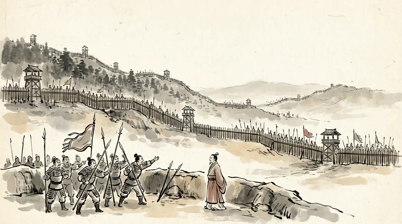 Panel 10: From the first month to the sixth, nothing. Four hundred li of Shu stockades in the hills and the woods, and a Wu army that would not come out. His own generals called him a coward to his face.