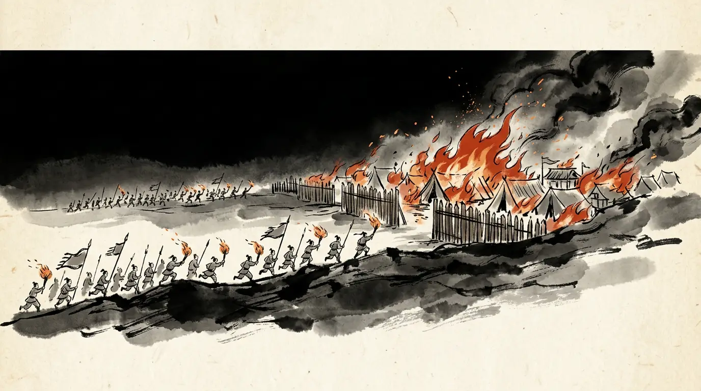 Panel 11: Intercalary sixth month: every soldier a bundle of dry grass. The first stockade burned, and the wind carried it down four hundred li of them.