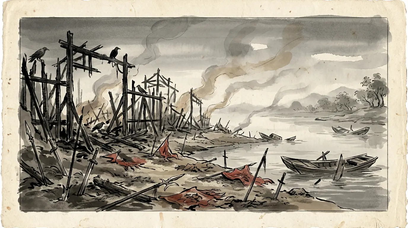 Panel 12: Forty camps and more. Zhang Nan and Feng Xi died in them, and the tribal chief Sha Moke with them; the boats, the weapons and the grain went into the river, and so did the dead.