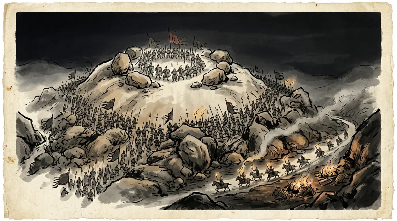 Panel 13: Liu Bei rallied on Ma'an mountain and put his men in a ring. The ring closed. He came out in the dark, and the relay riders burned his abandoned armour behind him so the road stayed hidden.