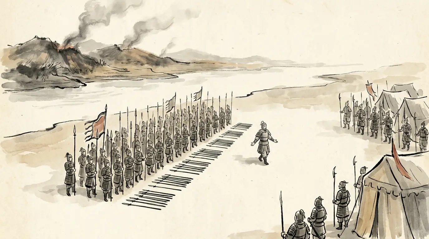 Panel 14: North of the river, Huang Quan's road home was gone. He surrendered to Wei with his column intact. At Chengdu someone proposed seizing his family; Liu Bei refused.