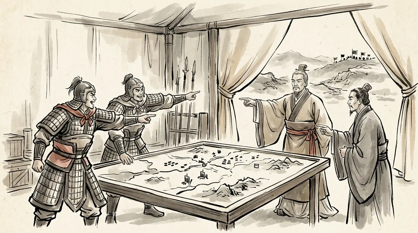Panel 15: Xu Sheng and Pan Zhang wanted Baidicheng and the emperor in it. Lu Xun and Zhu Ran said no: look north. Within days Cao Pi's three columns were moving.