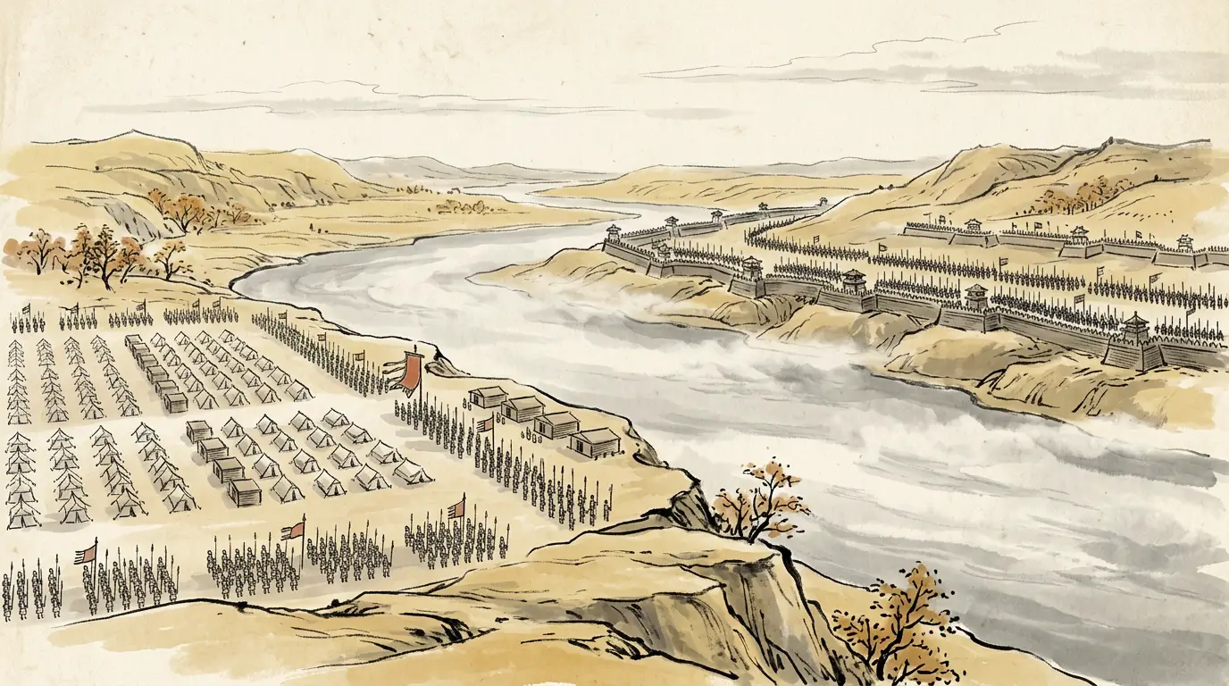 Two armies camped on the terraces above the Wei river at the Wuzhang Plains, autumn 234 CE