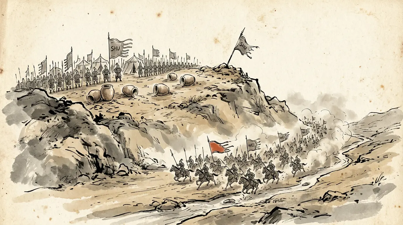 Panel 02: It began at Jieting, in 228: Ma Su camped on the hill instead of at the water, and Zhang He cut the water. The whole first expedition folded back over the mountains.