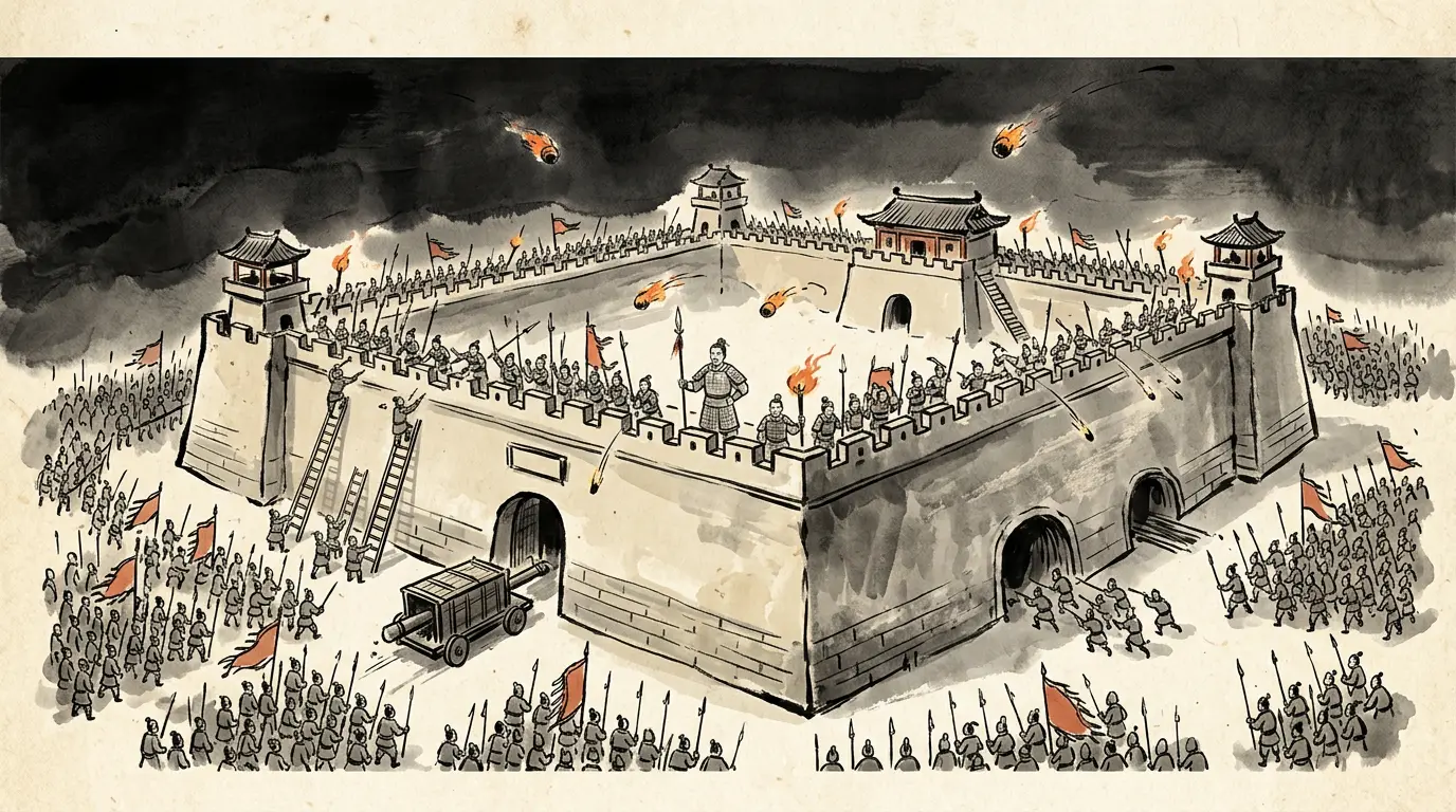 Panel 04: Winter, 228: Chencang, and a thousand men behind its wall. Twenty days of ladders, rams and tunnels against Hao Zhao — then empty grain carts and a retreat, with Wang Shuang killed behind it.