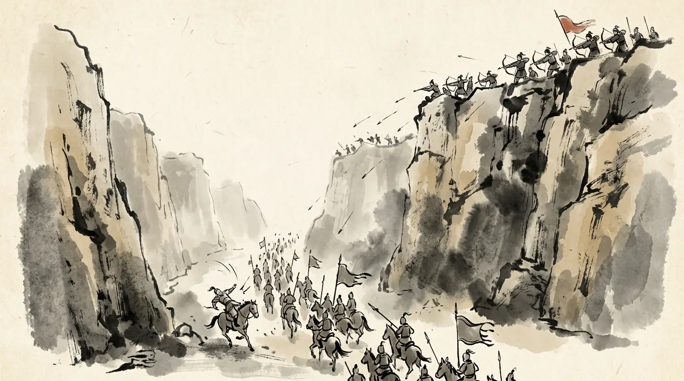 Panel 06: 231: Qishan again, with the wooden ox carrying the grain. Sima Yi kept to his camp and would not gamble; Zhang He chased the retreat and took an arrow in the knee at Mumen pass.