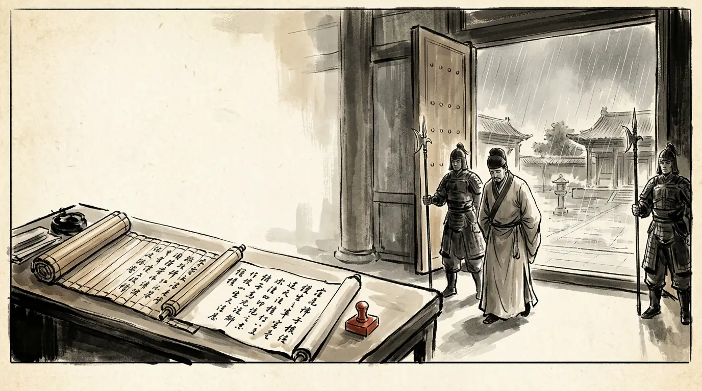 Panel 07: The same year the rain stopped the grain, and Li Yan's letters stopped the army. Afterwards his letters contradicted themselves; the two sets were laid side by side, and he was stripped and exiled.