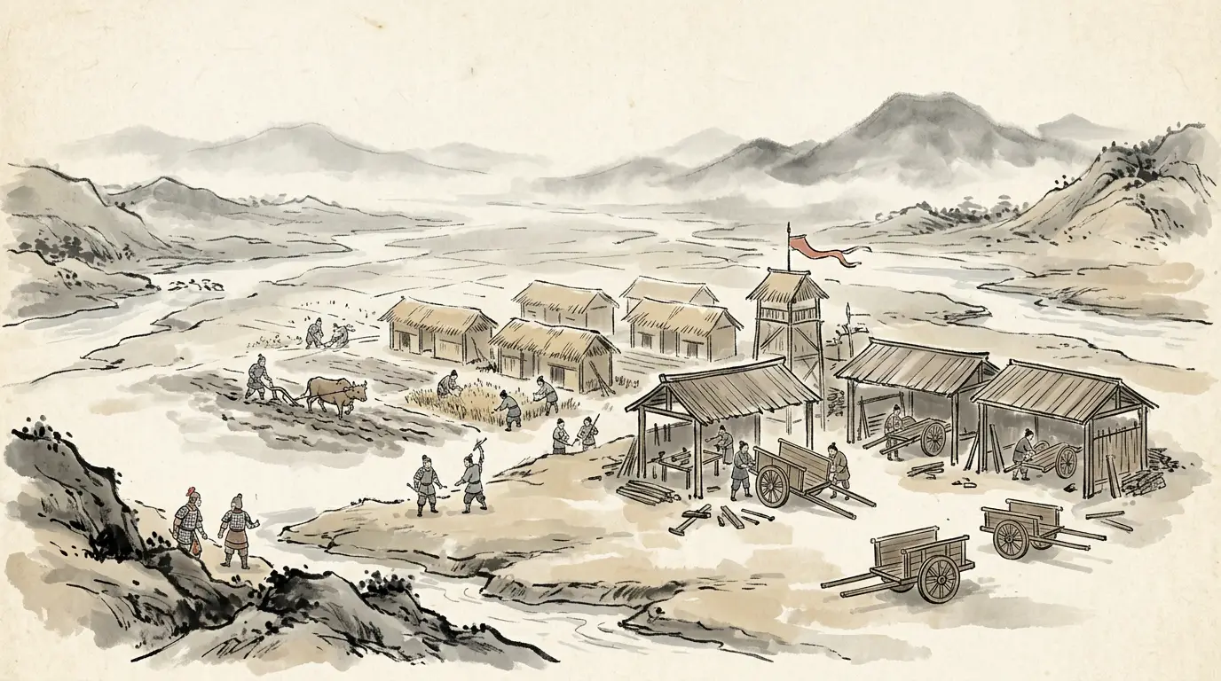 Panel 08: Then three years of quiet: soldiers farming at Huangsha, the flowing horse built in the sheds, and an embassy to Wu to fix a day when both would strike at once.