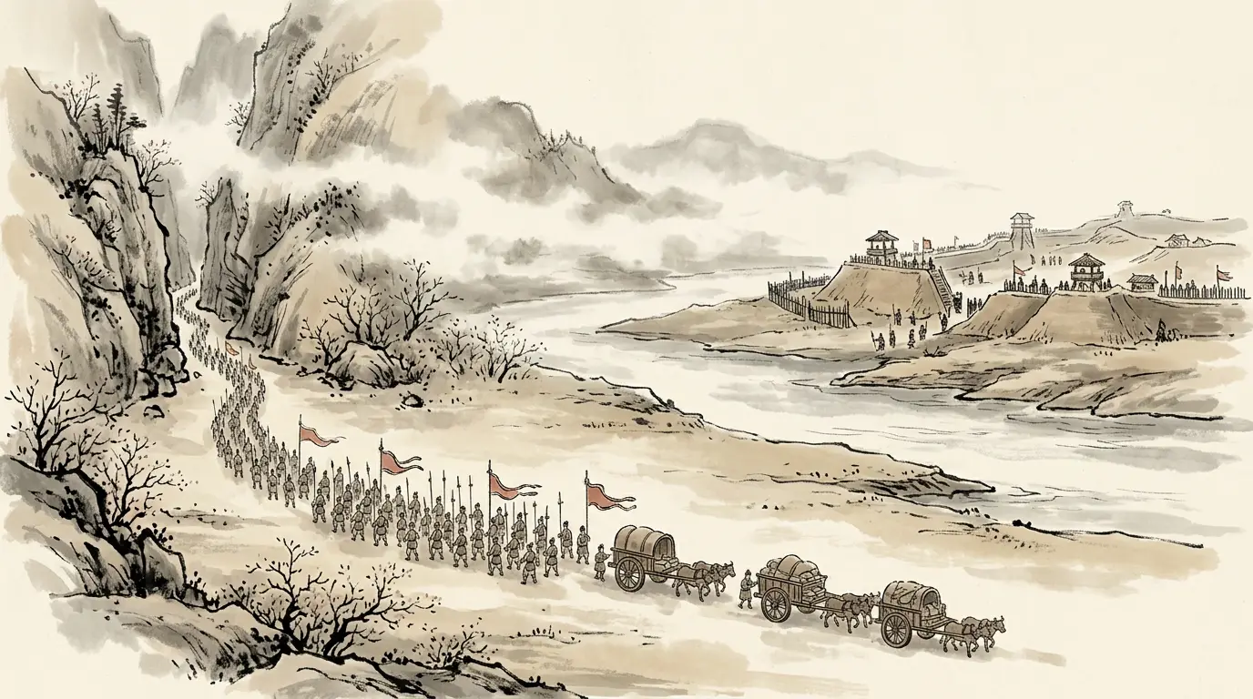 Panel 09: Second month, 234: the whole army out by the Xie valley, the flowing horse on the road, a hundred thousand on the Wuzhang Plains. Sima Yi crossed to the north bank of the Wei and dug in.