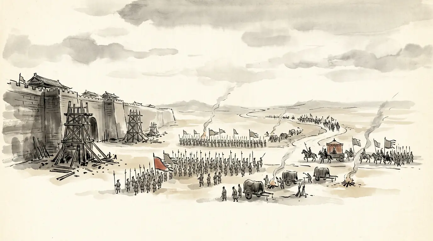 Panel 10: The agreed stroke: Sun Quan at Hefei's new city with a hundred thousand, and Zhuge Liang in the west. Then Cao Rui came east in person, sickness went through the Wu camps, and the stroke came to nothing.