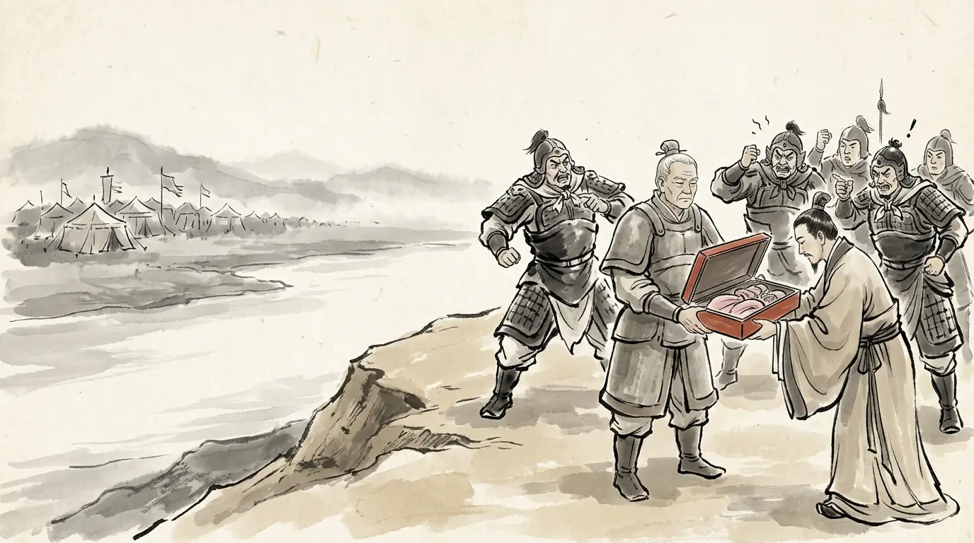 Panel 11: So Zhuge Liang sent him women's clothes and ornaments, to shame him into the open. Sima Yi asked the court for permission to fight — and the emperor sent an officer with the staff of authority to forbid it.
