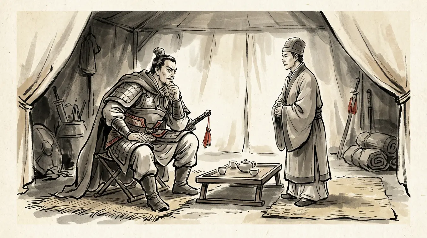 Panel 12: He asked the envoy nothing about the army — only how the chancellor slept, and what he ate. The answers were small. Sima Yi smiled.